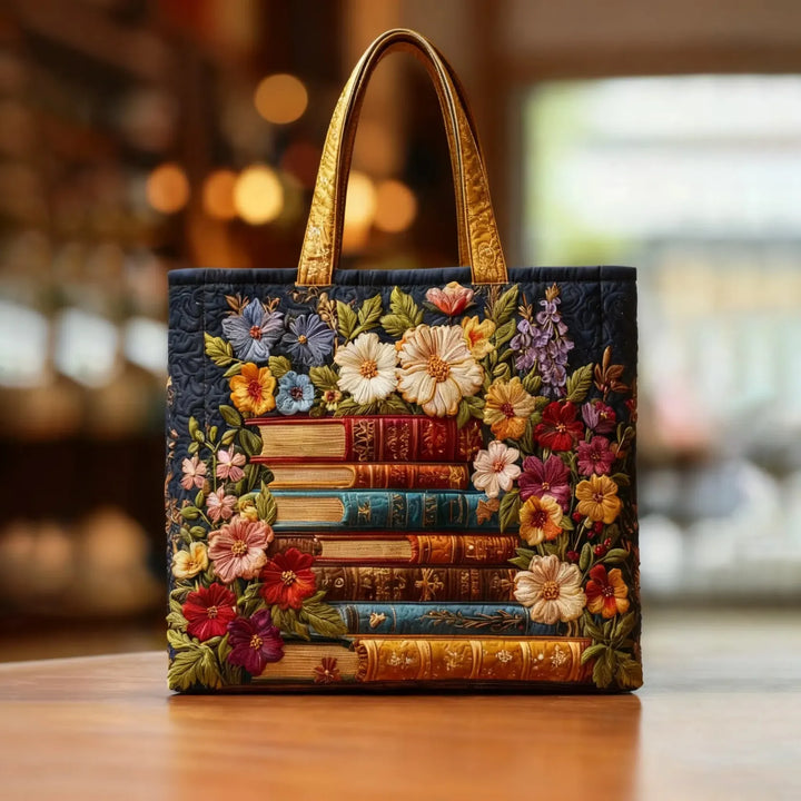 Bolsa artesanal - Estampa floral e livros