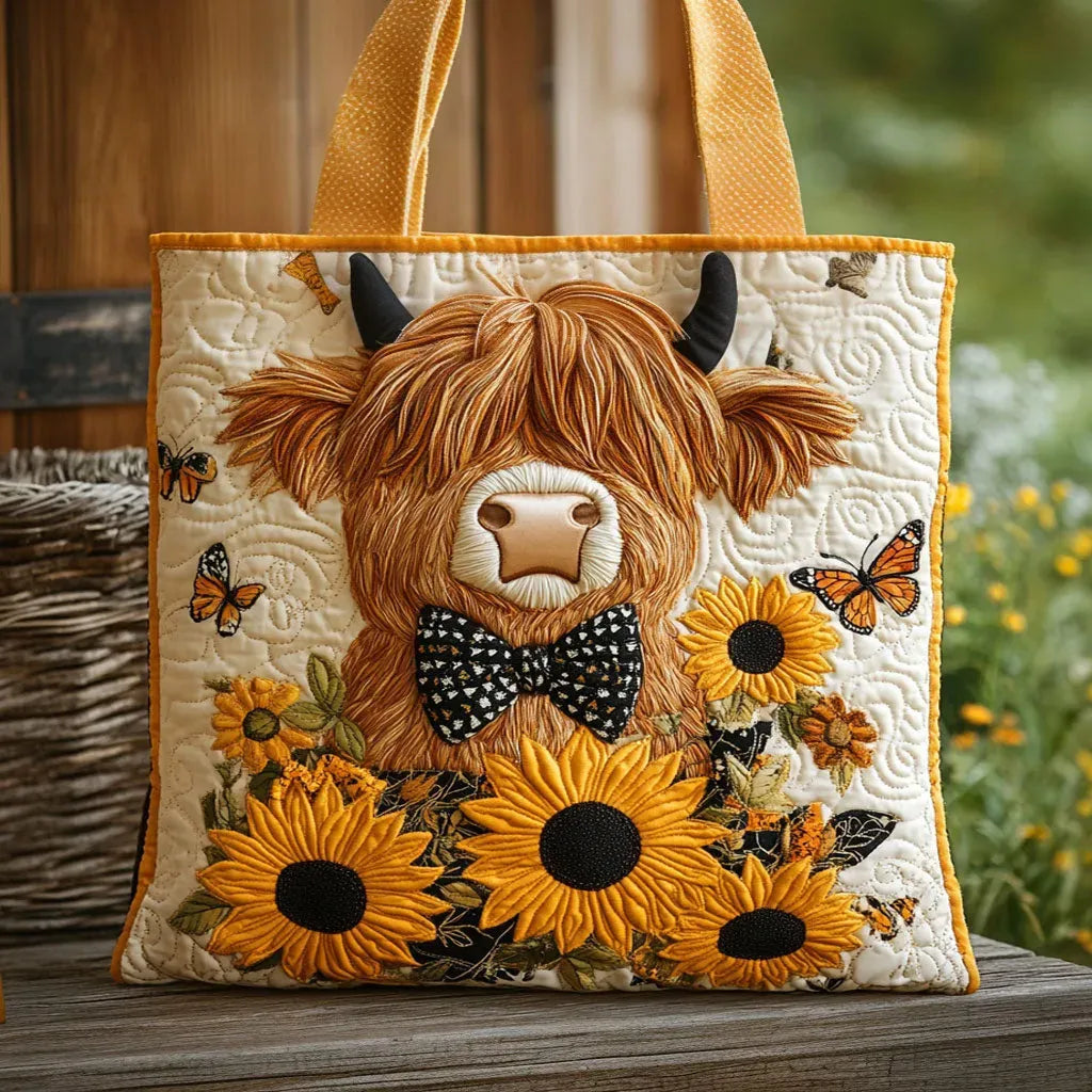 Saco acolchoado matelassé - Vaca das Highlands com girassóis