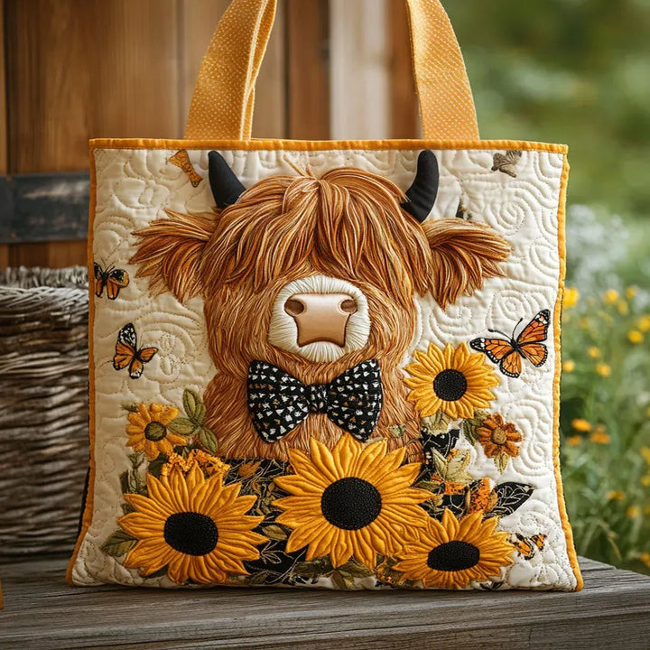 Saco acolchoado matelassé - Vaca das Highlands com girassóis