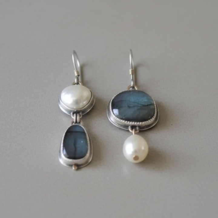 Brincos de Pérolas com Pedra Azul Vintage