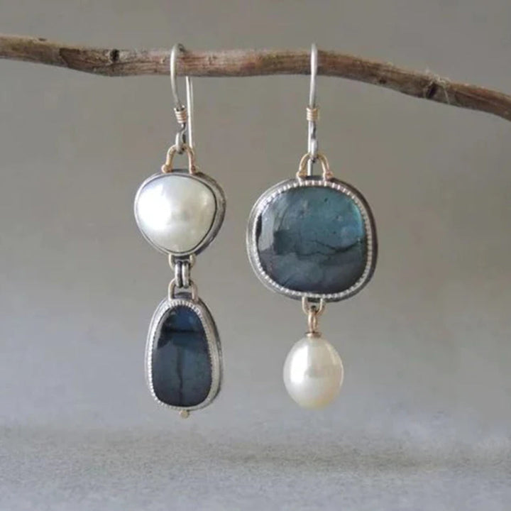 Brincos de Pérolas com Pedra Azul Vintage