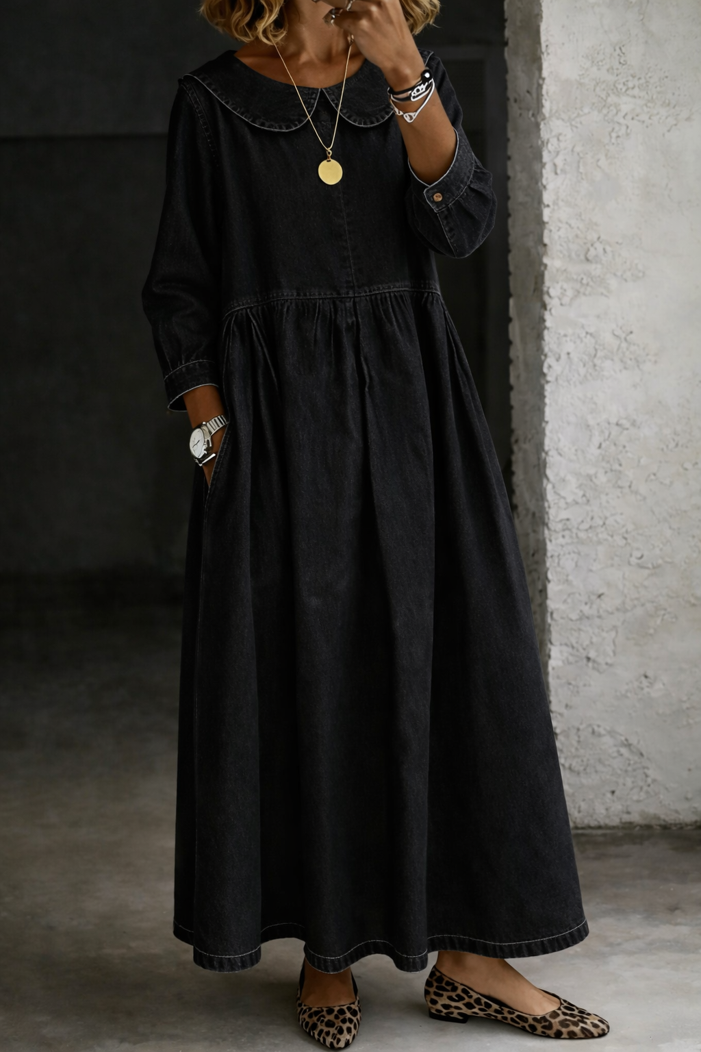 Clara™ | Vestido de ganga com gola Peter Pan