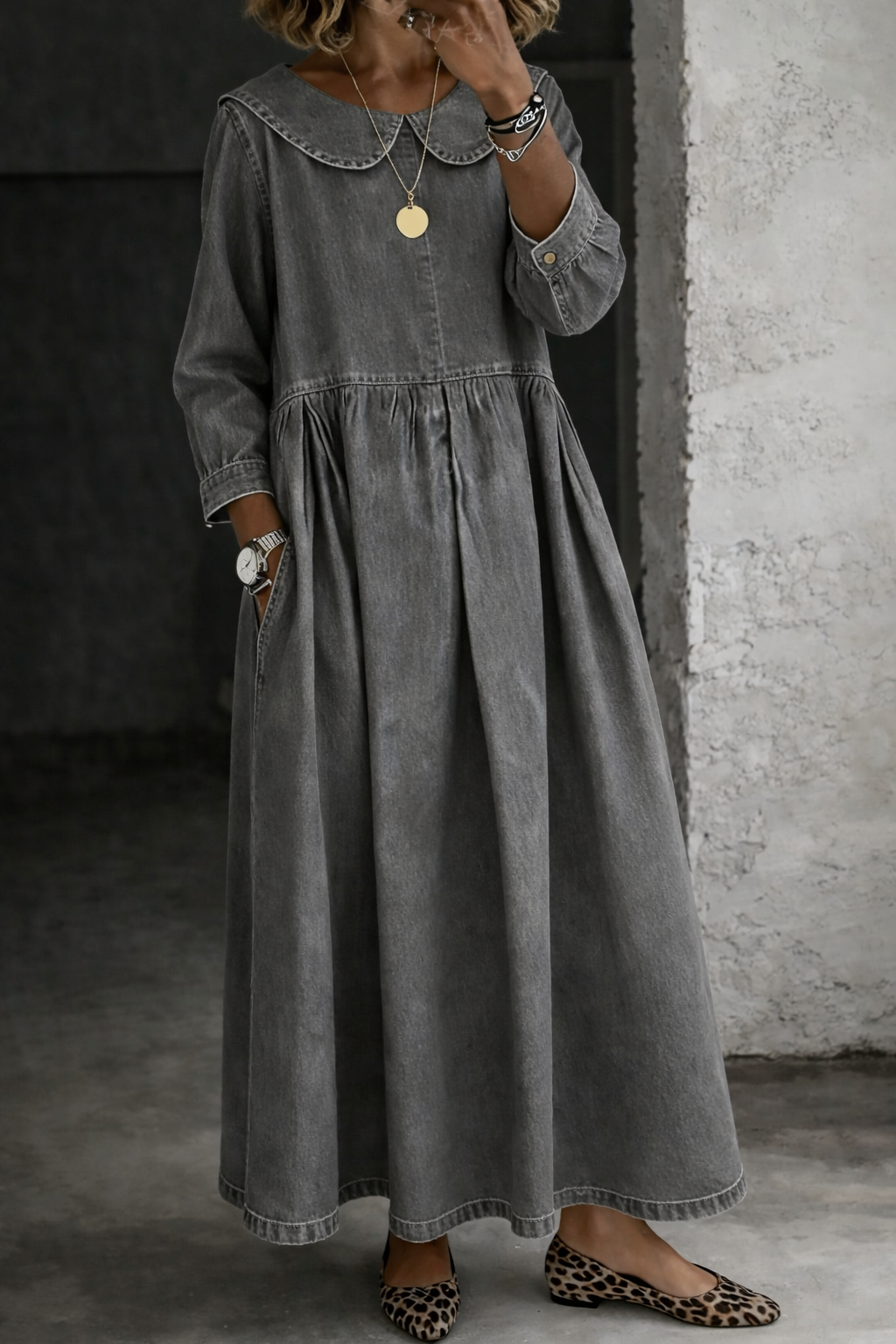 Clara™ | Vestido de ganga com gola Peter Pan
