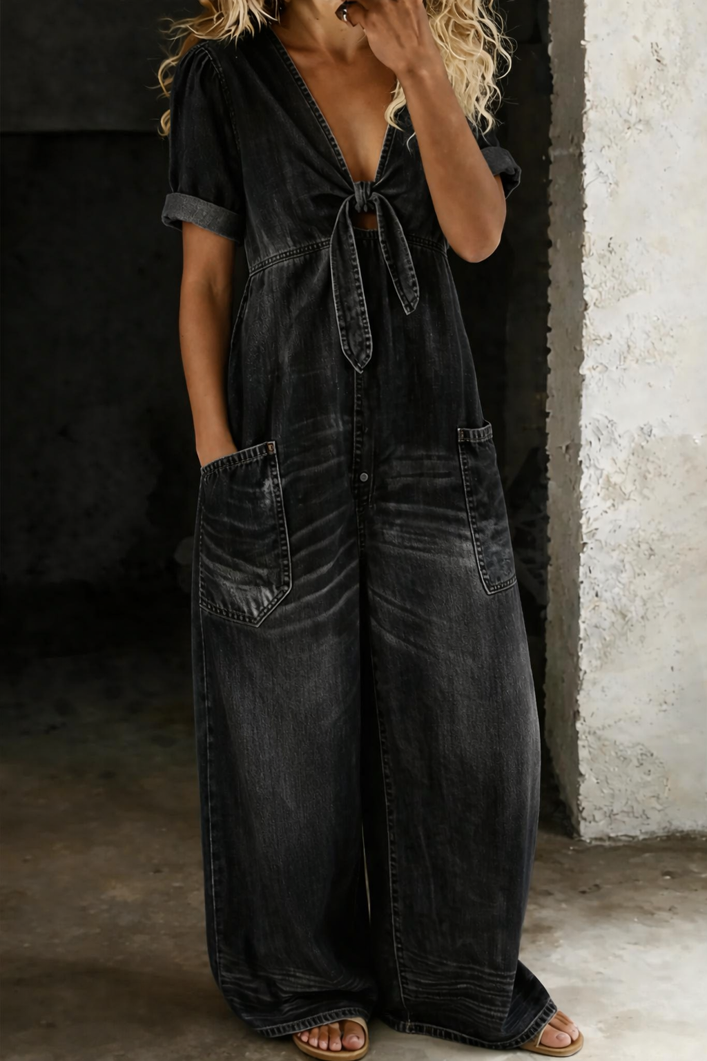 Maya™ | Macacão denim com decote em V