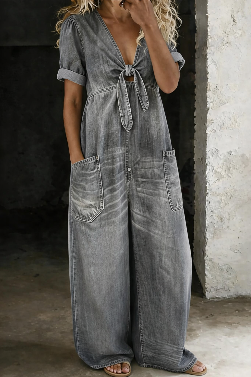 Maya™ | Macacão denim com decote em V