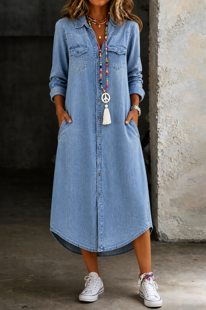 Helen | Vestido chemise longo de denim casual e elegante