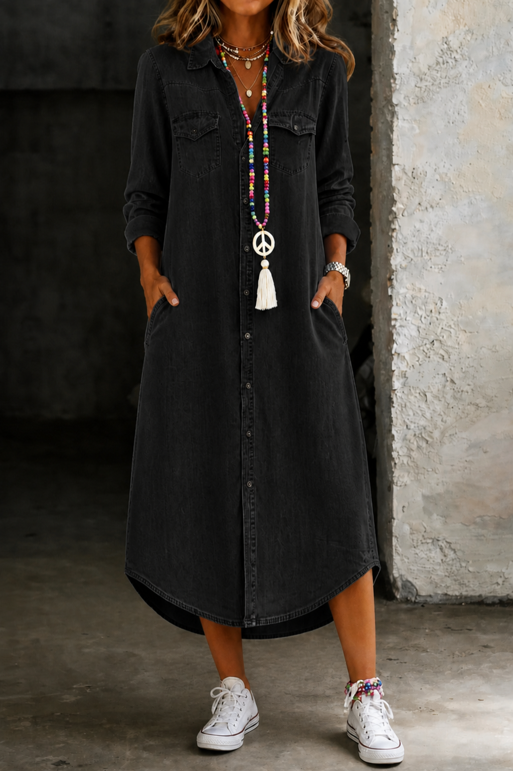 Helen | Vestido chemise longo de denim casual e elegante