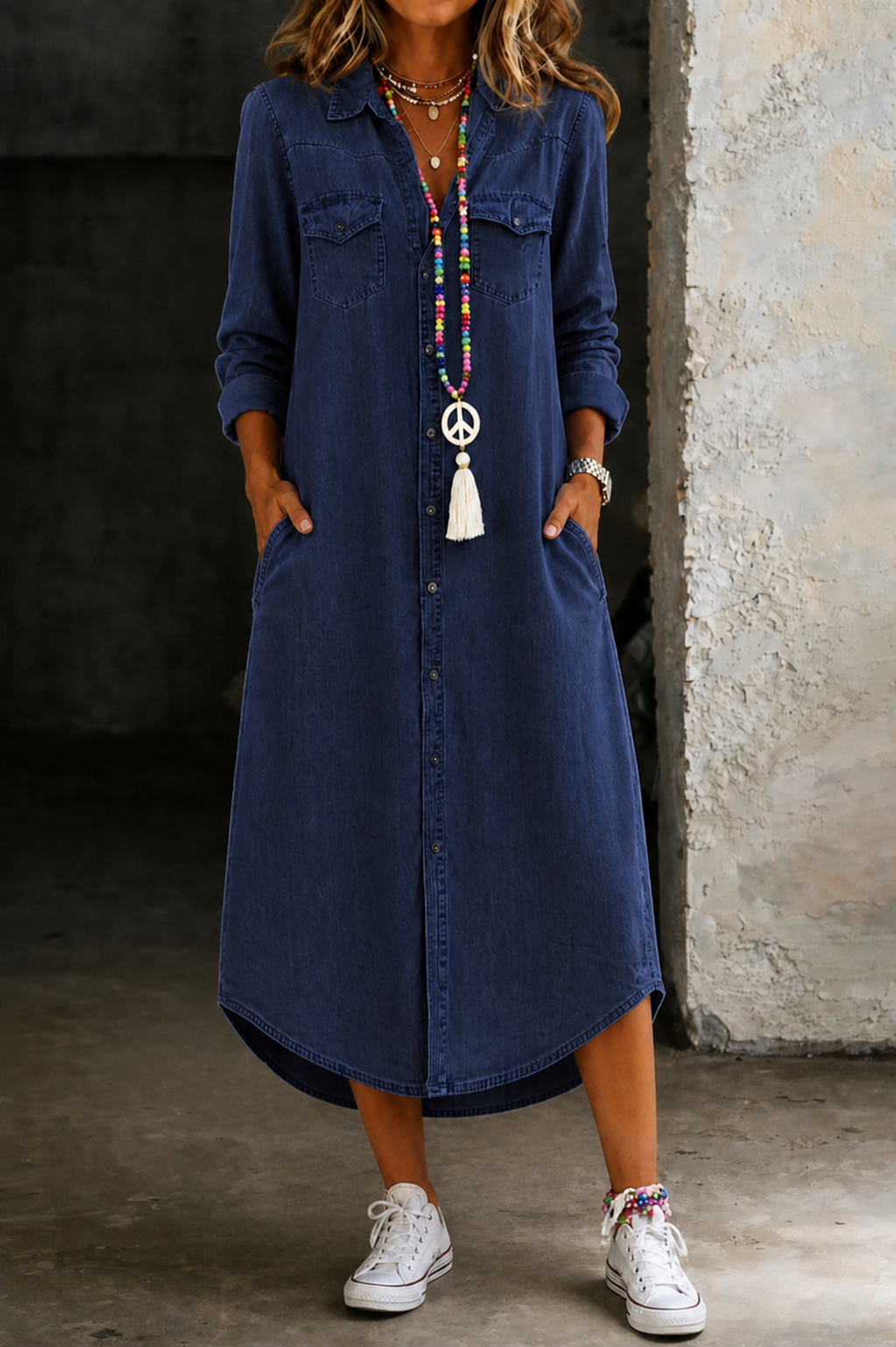 Helen | Vestido chemise longo de denim casual e elegante