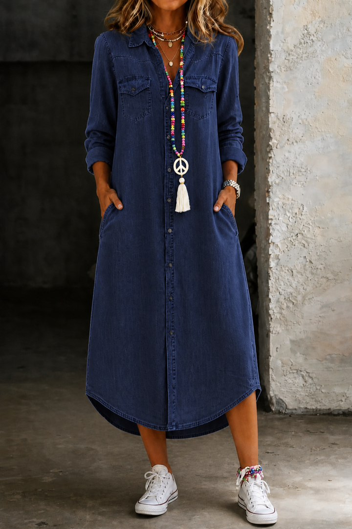 Helen | Vestido chemise longo de denim casual e elegante