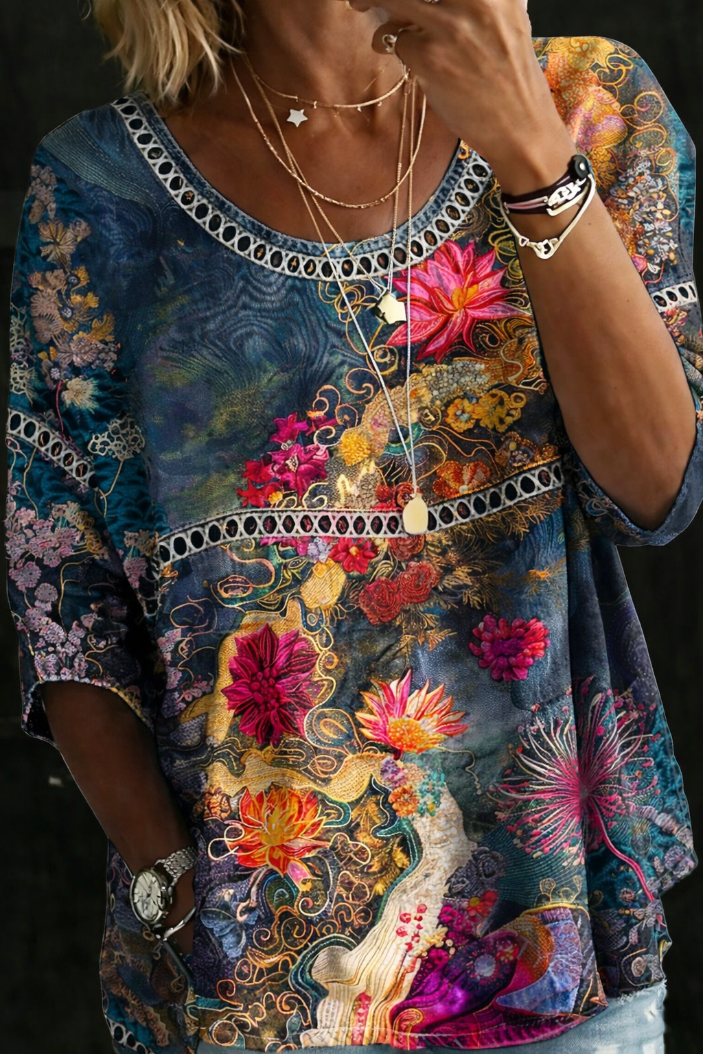 Nicole™ | Blusa de denim com estampa floral vintage