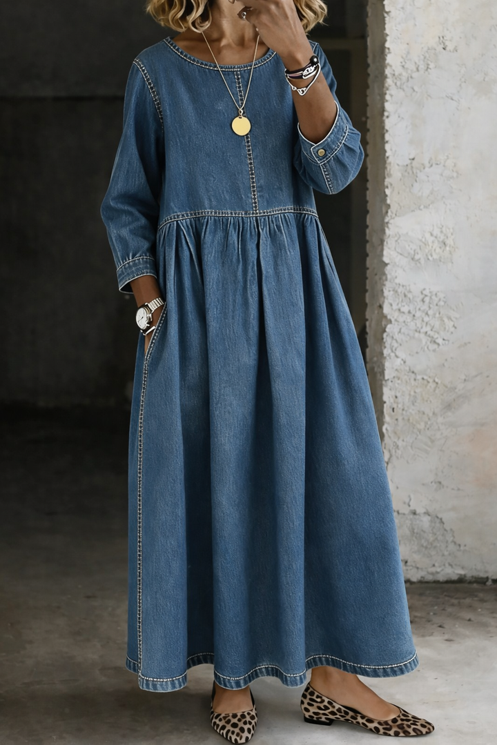 Melissa™ | Vestido de ganga com decote redondo e mangas compridas
