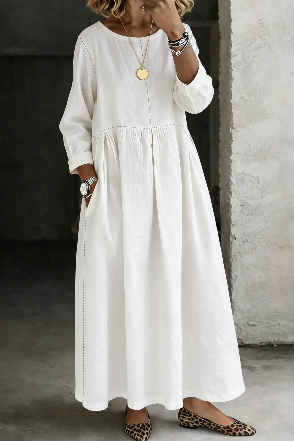 Melissa™ | Vestido de ganga com decote redondo e mangas compridas