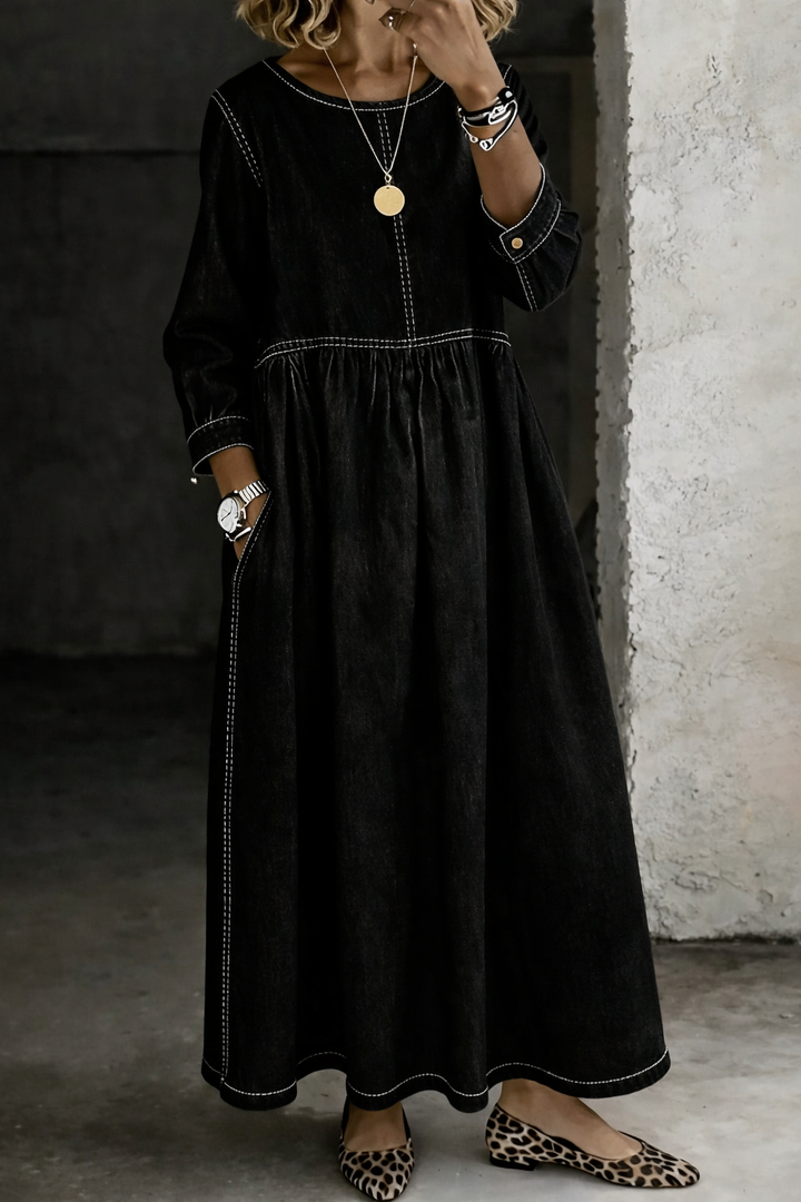 Melissa™ | Vestido de ganga com decote redondo e mangas compridas