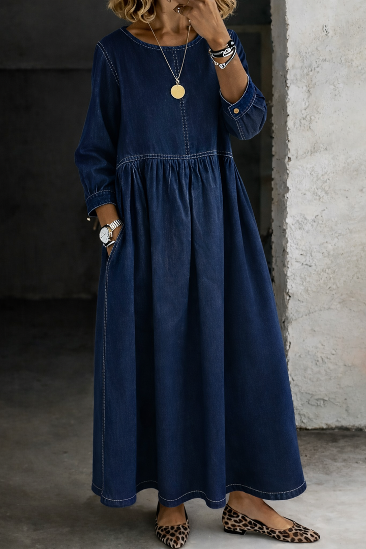 Melissa™ | Vestido de ganga com decote redondo e mangas compridas