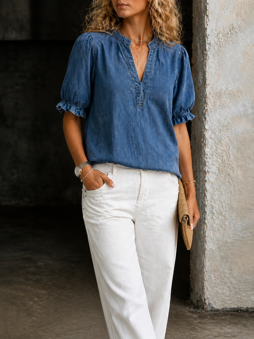Ashley | Essencial em denim com decote em V vintage