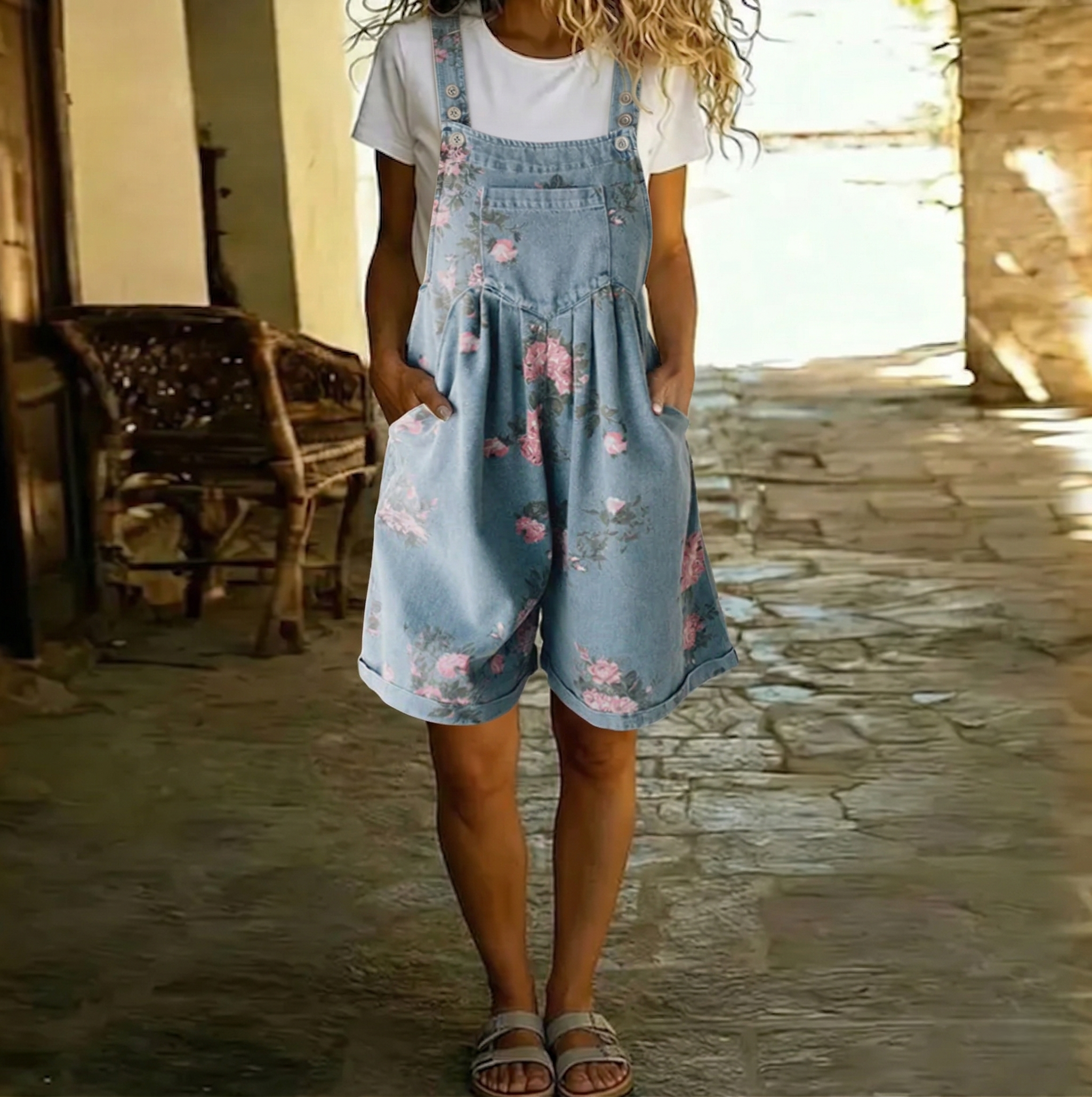 Judy™ | Macacão em denim floral lavado vintage