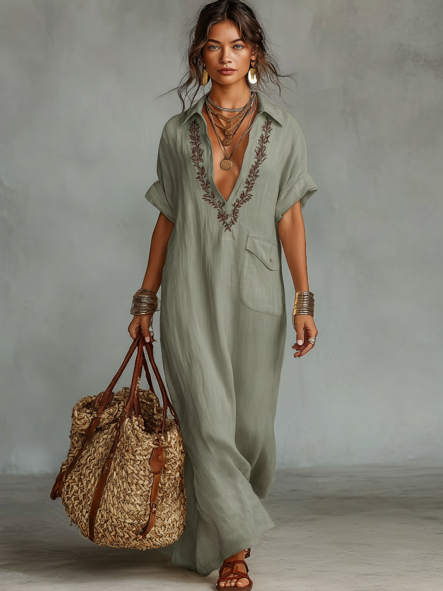Vestido maxi feminino bordado em mistura de linho com mangas curtas