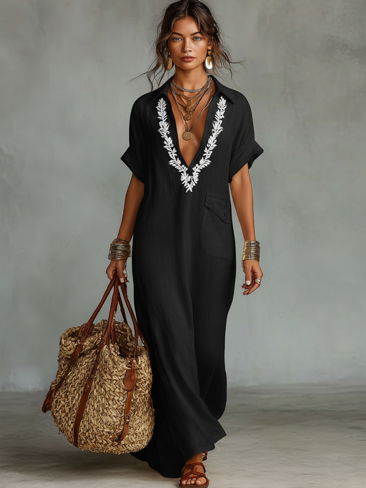Vestido maxi feminino bordado em mistura de linho com mangas curtas