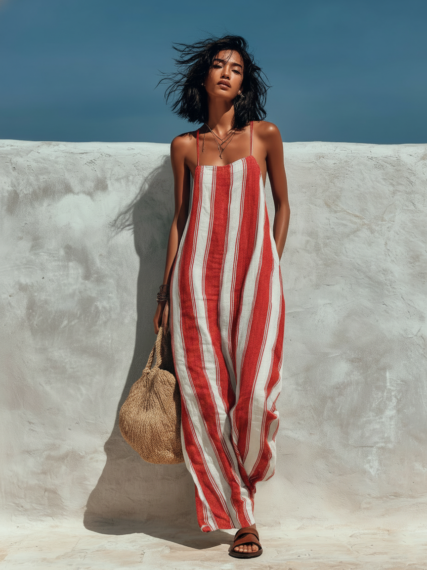 Macacão de alças feminino, estilo minimalista para férias, estampa listrada