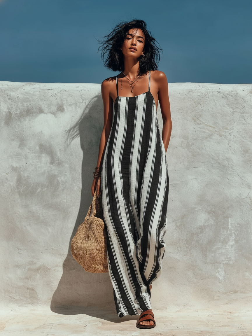 Macacão de alças feminino, estilo minimalista para férias, estampa listrada