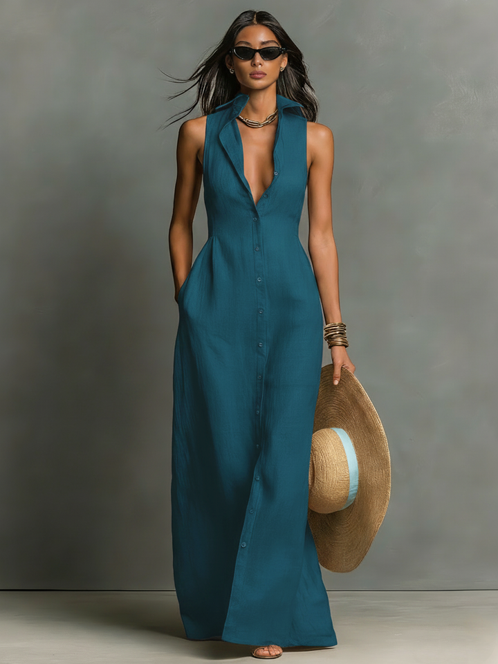Marta | Vestido chemise maxi feminino de linho misto minimalista