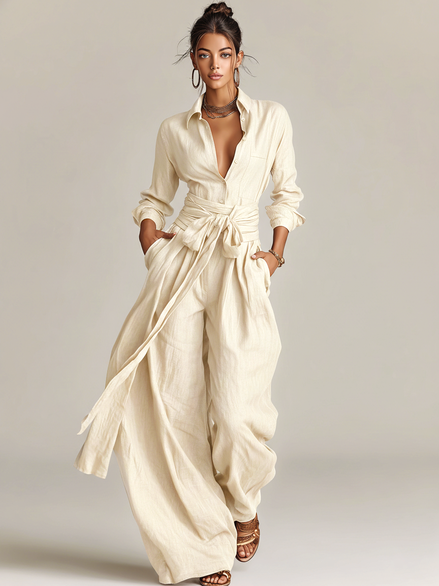 Eduarda | Macacão feminino elegante castanho com gola de camisa