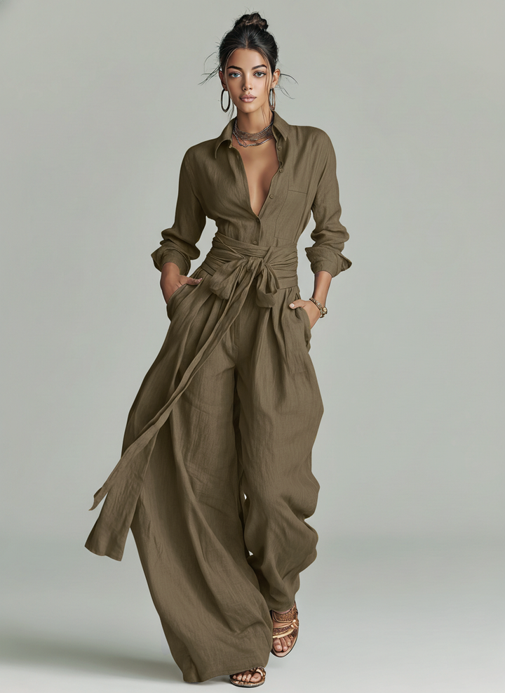 Eduarda | Macacão feminino elegante castanho com gola de camisa