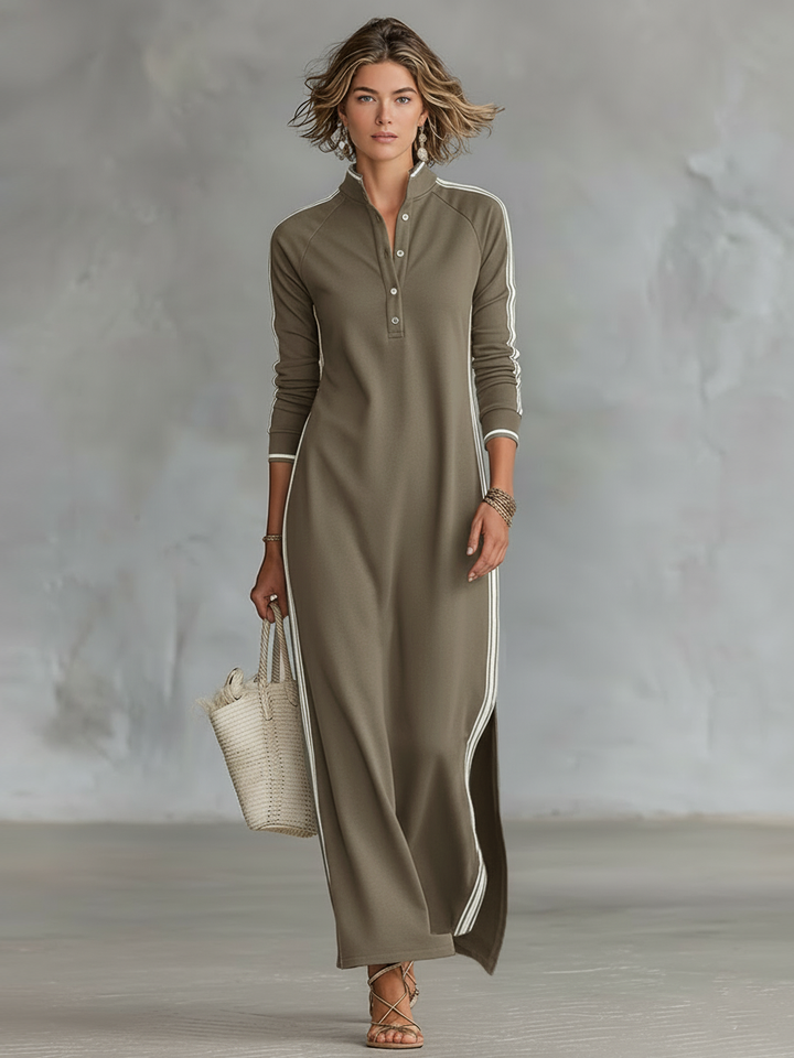 Júlia | Vestido maxi minimalista de malha com gola de camisa