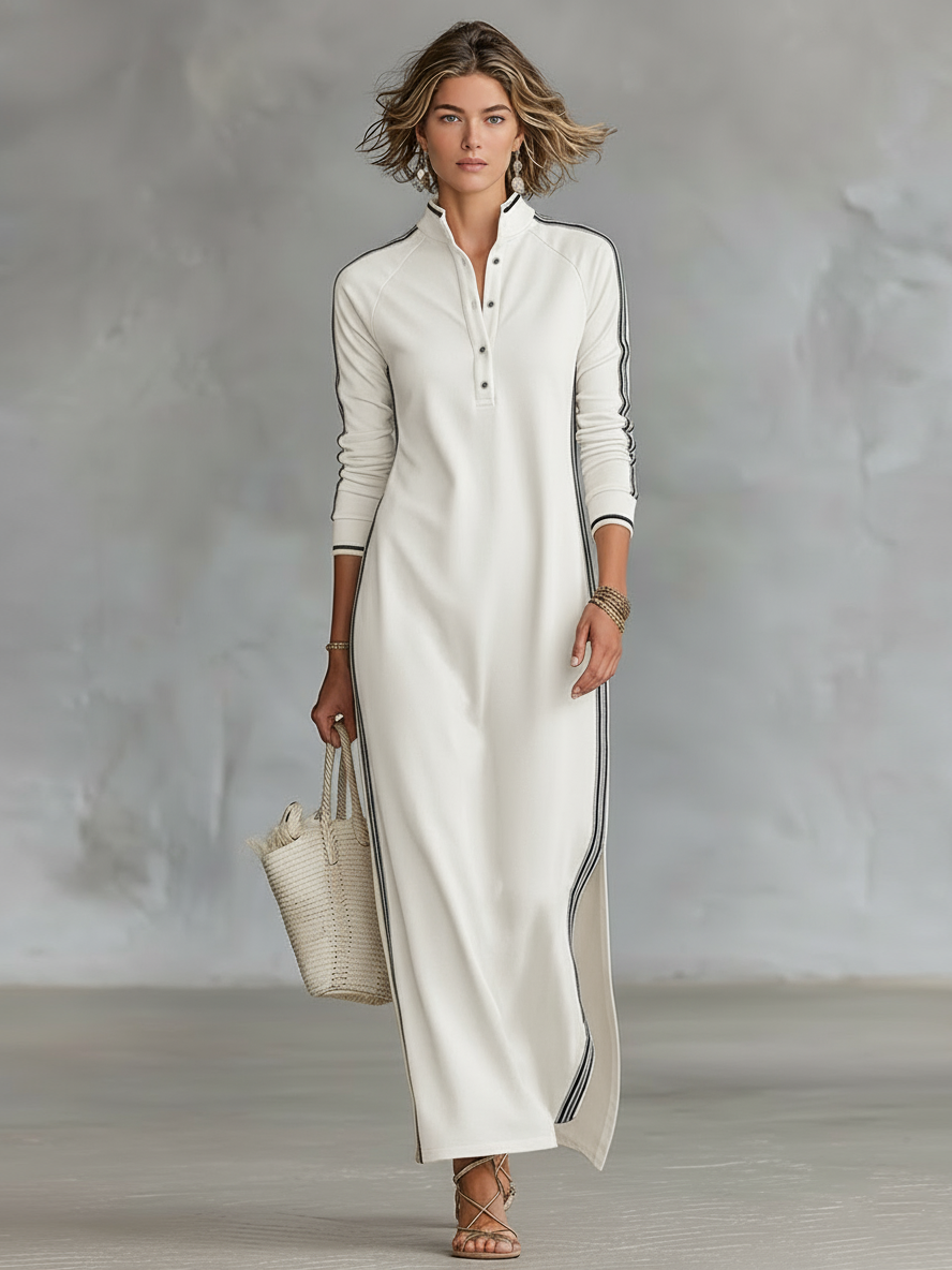 Júlia | Vestido maxi minimalista de malha com gola de camisa