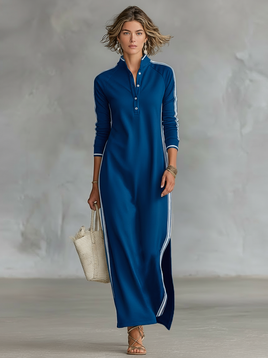 Júlia | Vestido maxi minimalista de malha com gola de camisa