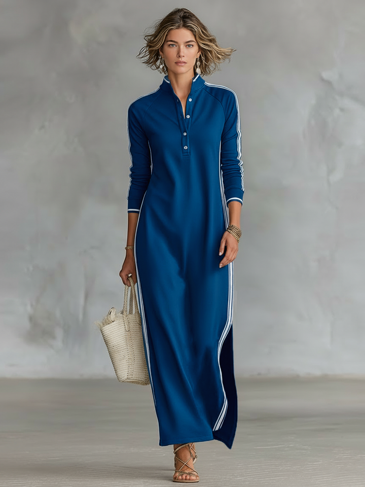 Júlia | Vestido maxi minimalista de malha com gola de camisa