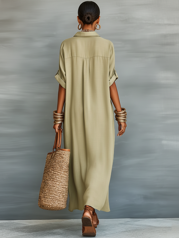 Joaquina | Vestido Maxi-Chemise em Linho Misto Minimalista Feminino