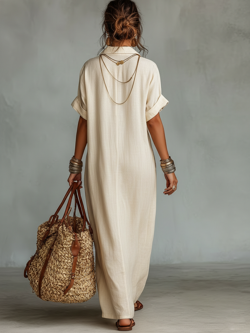 Vestido maxi feminino bordado em mistura de linho com mangas curtas