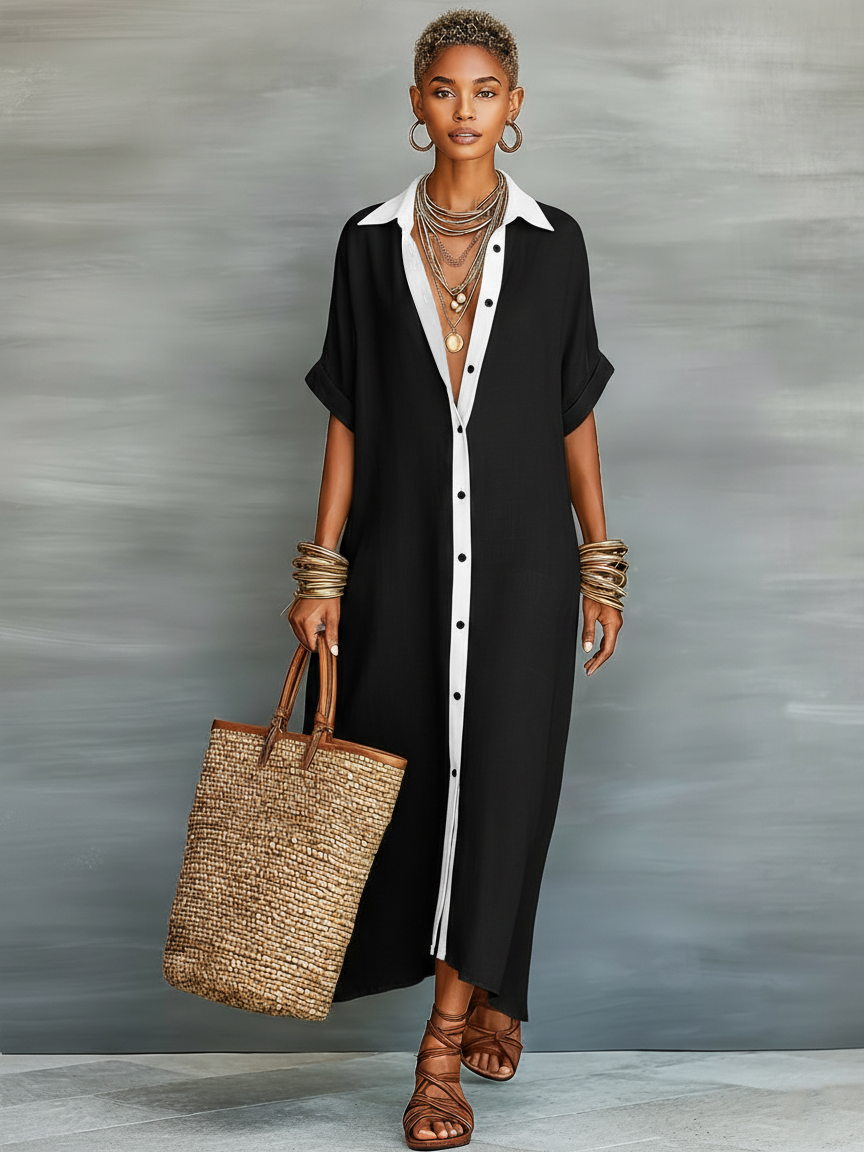 Joaquina | Vestido Maxi-Chemise em Linho Misto Minimalista Feminino