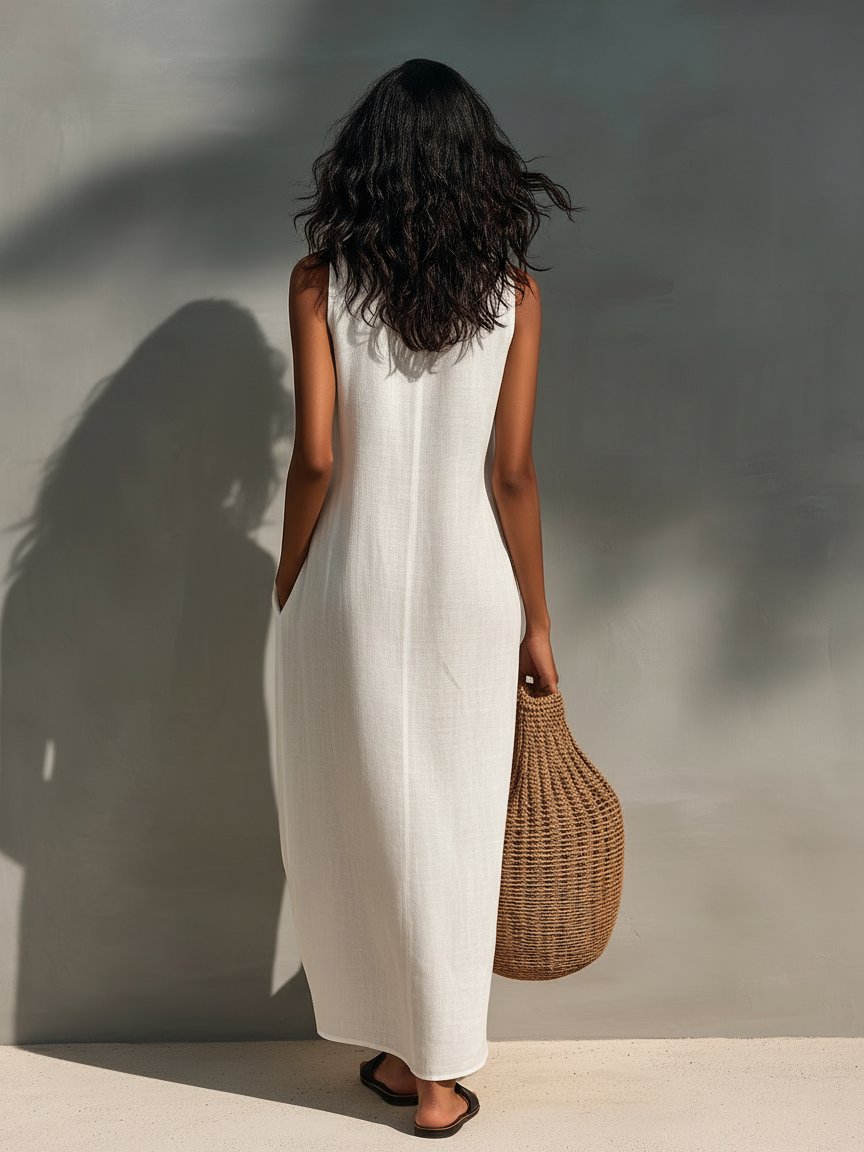 Vestido maxi minimalista sem mangas com decote recortado