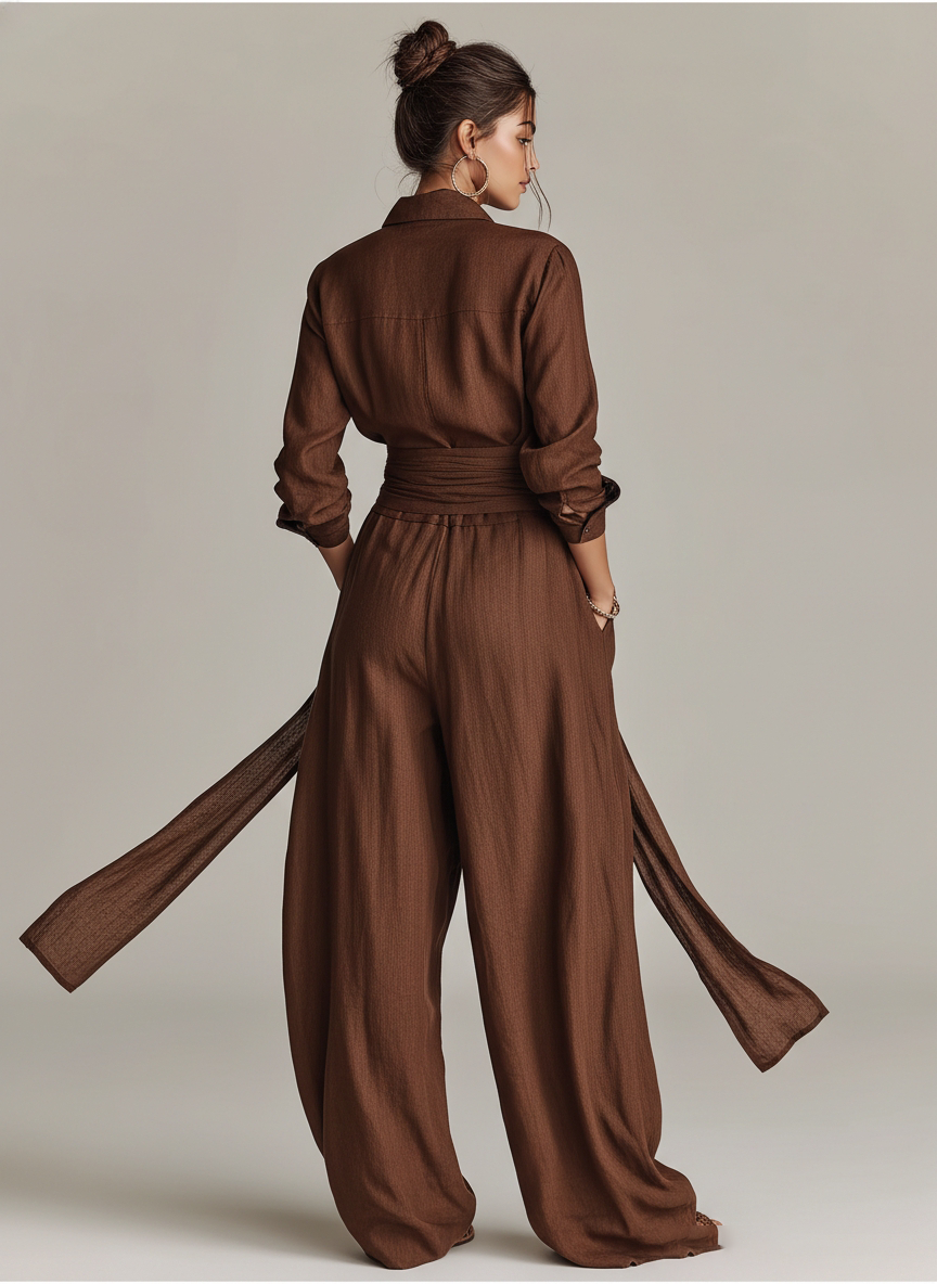 Eduarda | Macacão feminino elegante castanho com gola de camisa