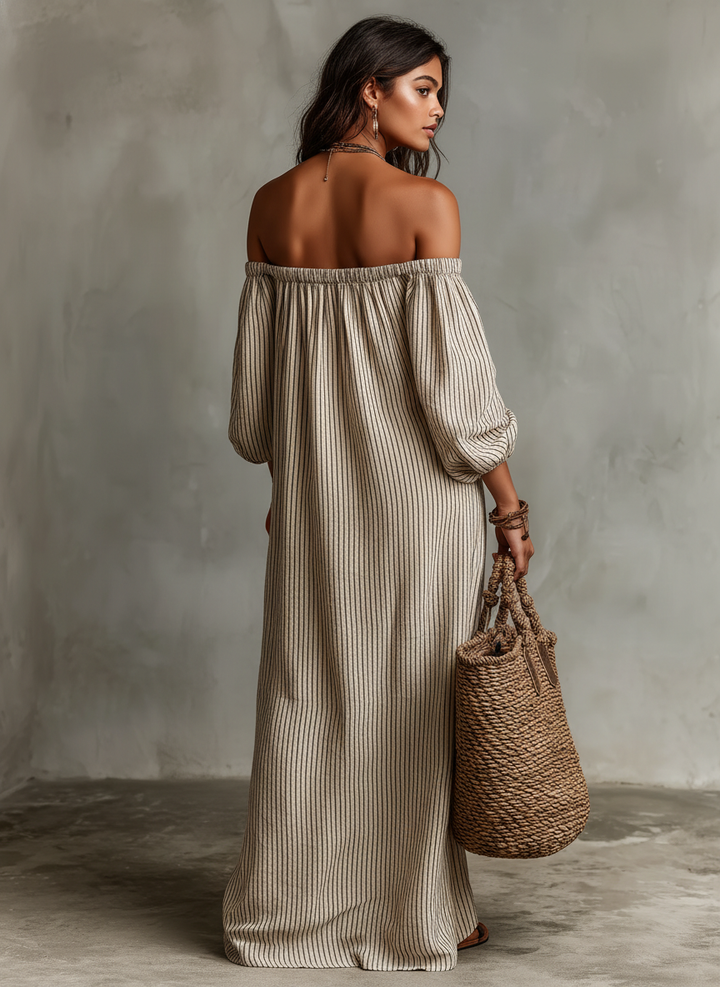Vestido maxi feminino de algodão e linho, ombro a descoberto, manga comprida