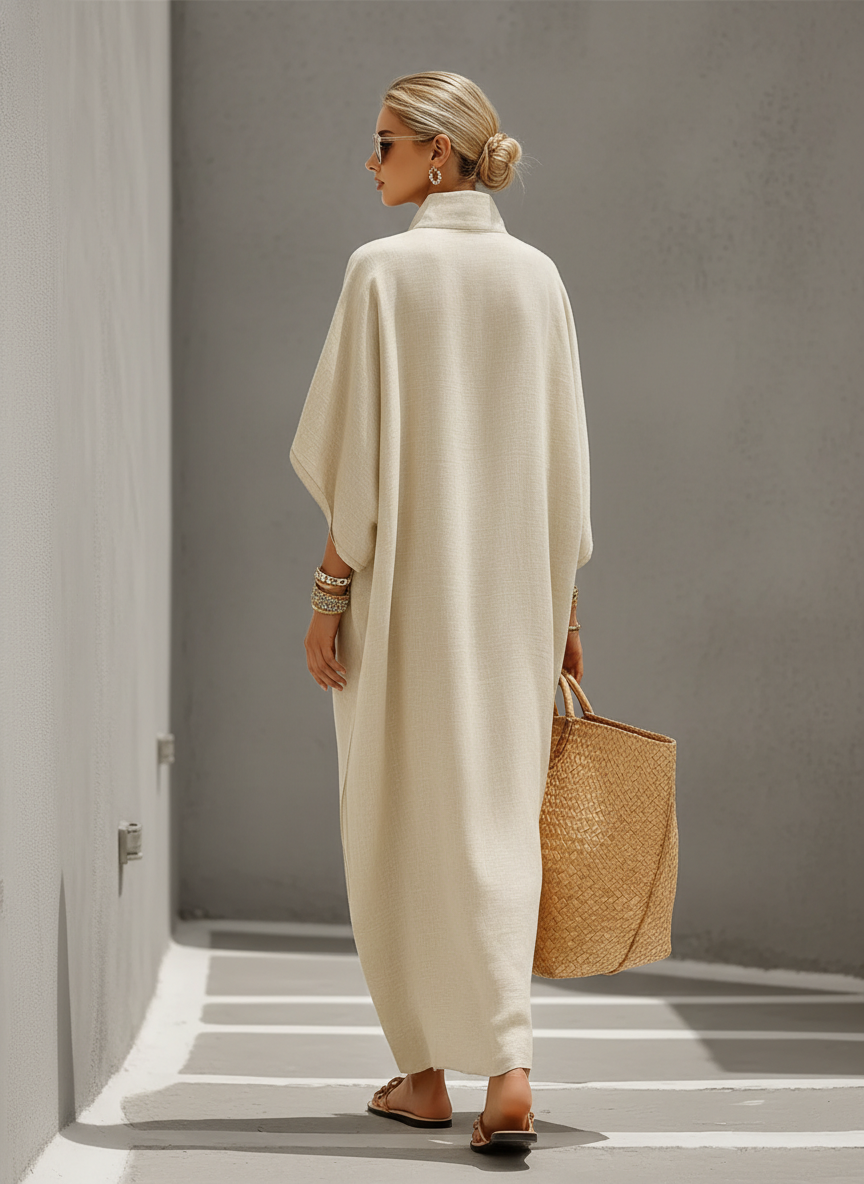 Vestido feminino de linho na cor aveia com gola mandarim e mangas dolman