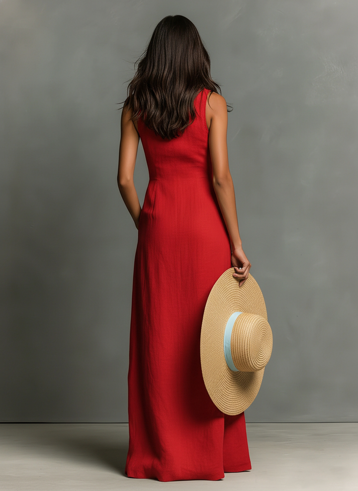Vestido chemise maxi feminino em mistura de linho com gola e abotoamento simples