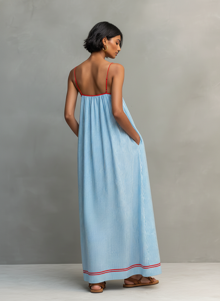 Flávia | Vestido maxi listrado minimalista feminino