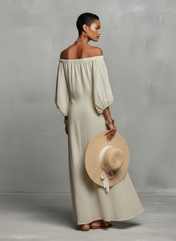 Vestido Maxi Feminino Minimalista Ombro a Descoberto com Manga 3/4 Bordado