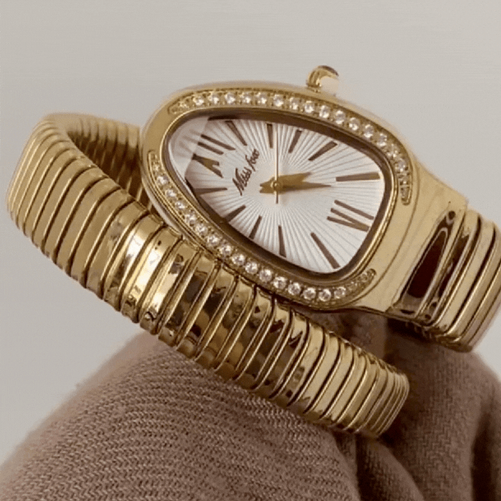 Relógio com pulseira rígida dourada com cabeça de cobra – Mostrador Serpenti branco