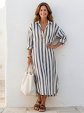 Naomi | Vestido chemise midi de riscas com mangas compridas