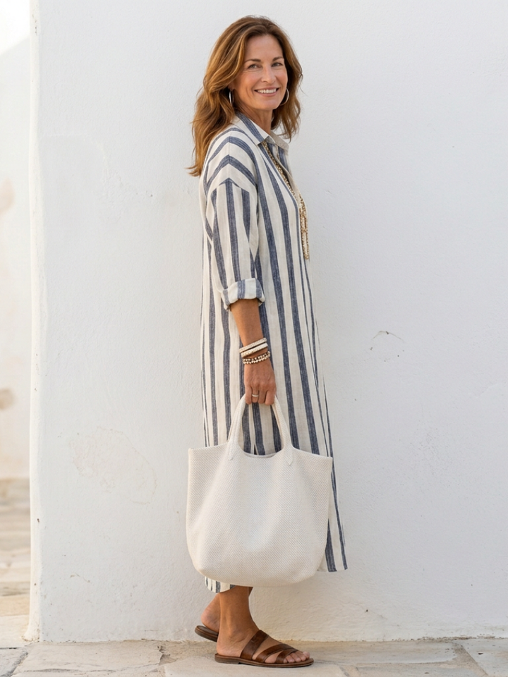 Naomi | Vestido chemise midi de riscas com mangas compridas