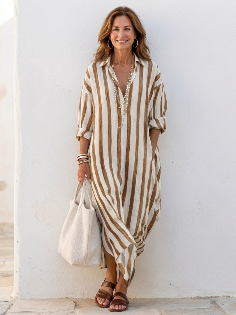 Naomi | Vestido chemise midi de riscas com mangas compridas