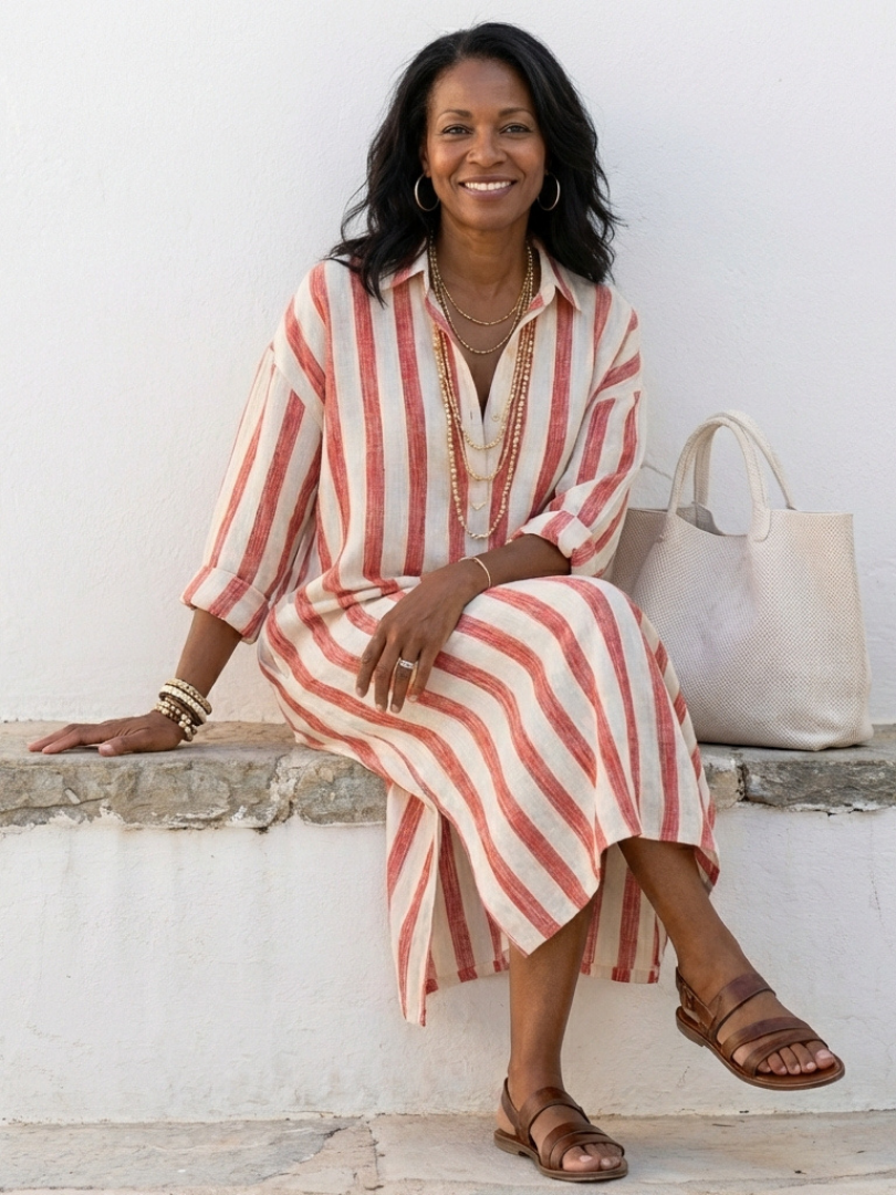 Naomi | Vestido chemise midi de riscas com mangas compridas