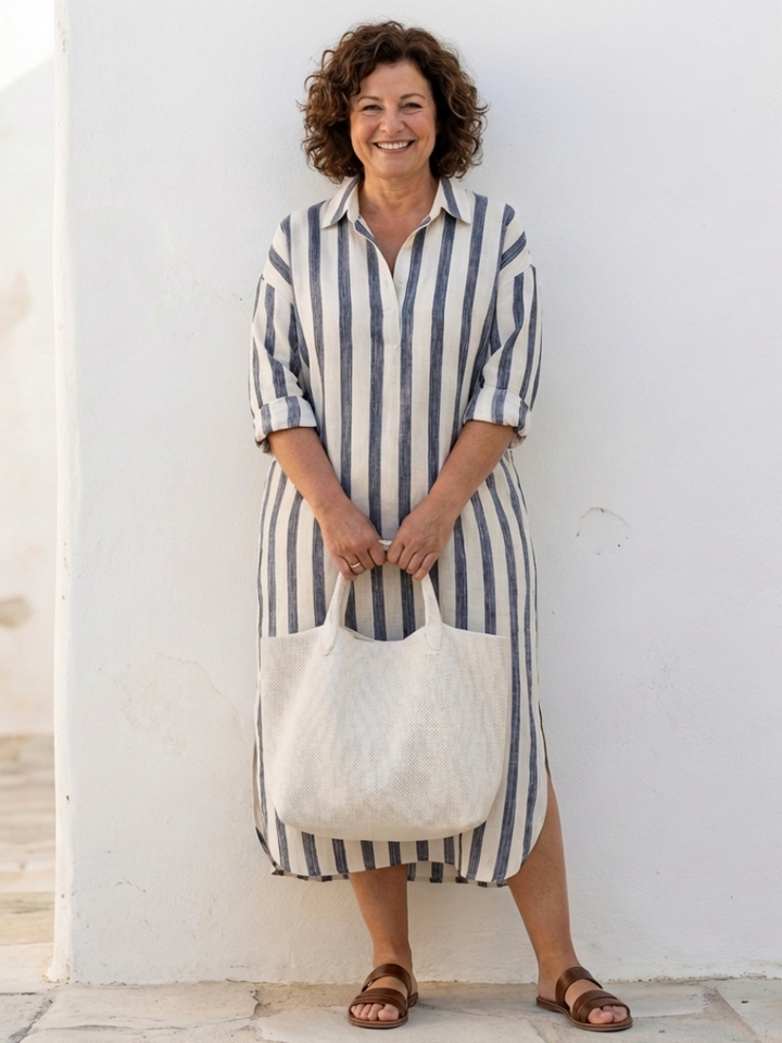 Naomi | Vestido chemise midi de riscas com mangas compridas