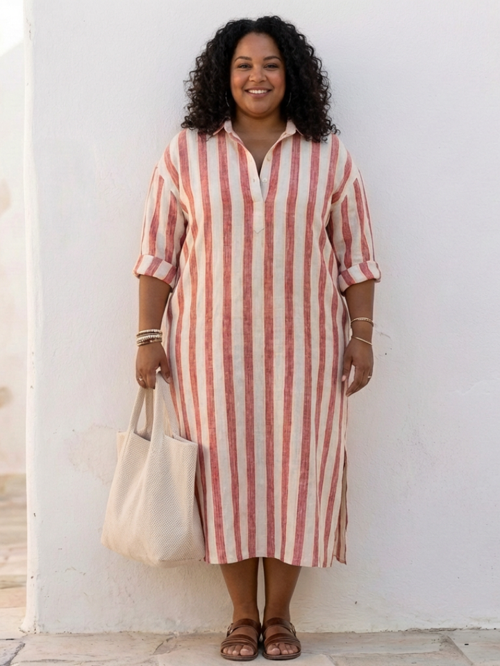 Naomi | Vestido chemise midi de riscas com mangas compridas
