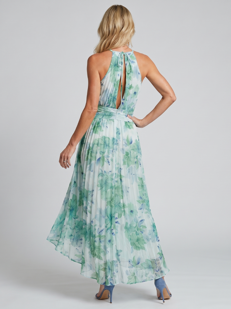 Portia | Vestido midi plissado com decote halterneck e estampa floral delicada