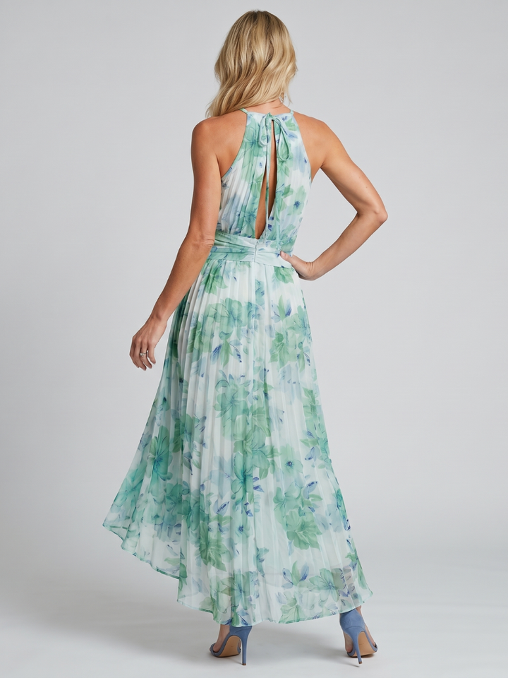 Portia | Vestido midi plissado com decote halterneck e estampa floral delicada